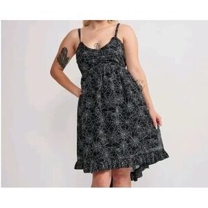 Sourpuss Womens 3X Spiderweb Print Ruffle Dress Black White Gothic Rockabilly